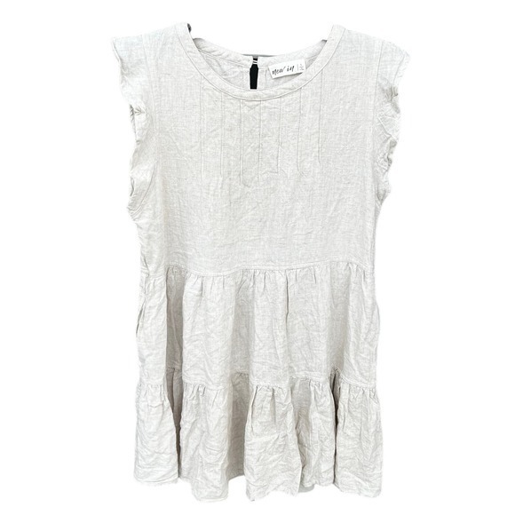 New In linen blend beige tiered ruffled dress L - Picture 1 of 8